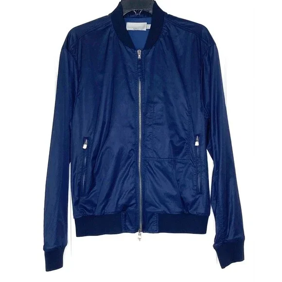 VINCE Navy Blue Washed Satin Bomber Jacket Cotton Stretch Zip